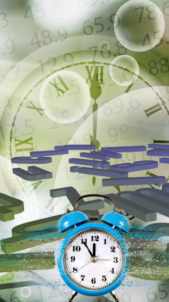 闹钟的图像，粒子从闹钟上分离，形成流。时间的分散和绿色背景上的字母图片下载