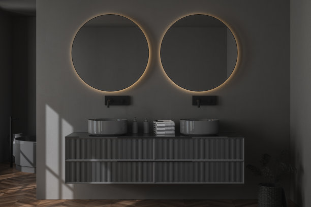 深色的浴室内部，铺着黑色拼花地板，图片下载