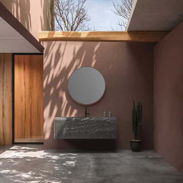 漂亮的复古浴室内部，水泥地板，天花板上有窗户，图片下载