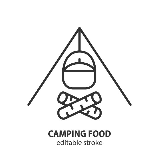 露营食品系列图标。在篝火矢量标志上做饭。图片下载