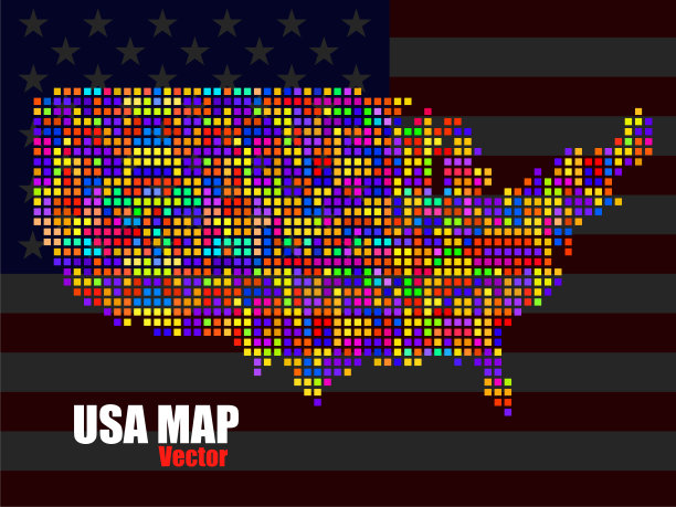 背景国旗上的美国地图，彩色像素图片下载