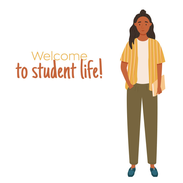 年轻的黑皮肤女孩在休闲服装。学生角色概念。欢迎来到学生生活引用。矢量图图片下载