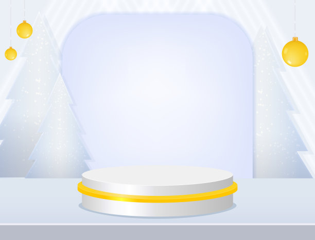 矢量舞台白色圣诞霓虹背景与几何圆形平台和悬挂球设计图片下载