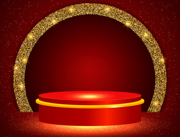 矢量插图红色闪耀金色圆形拱门背景与闪光舞台讲台图片下载