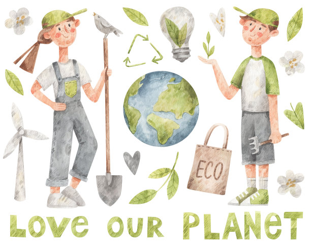 快乐的男孩和女孩带着耙子和铲子。图片下载