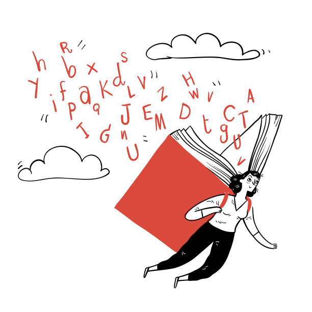 一个美丽的女人用一本大书做的翅膀飞翔，字母从书里掉下来图片下载