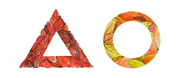 水彩集合几何形状三角形红色和圆圈黄色叶在白色背景上孤立为您的设计，手绘插图图片下载