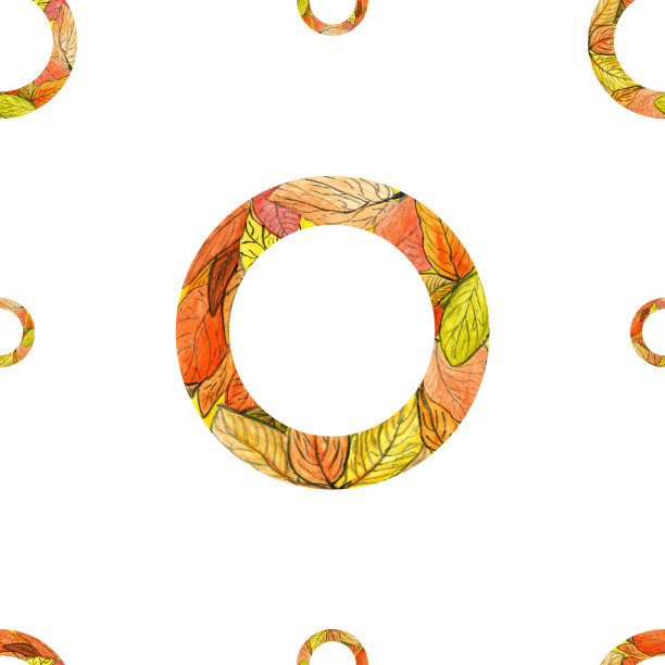 几何水彩图案圆形状与橙色秋叶在白色背景为您无缝设计，手绘插图图片下载