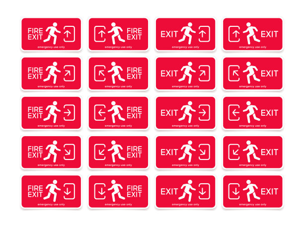 设置紧急消防出口门图标。不同方向的红色出口标志。图片下载