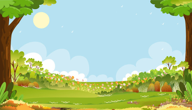 以蓝天白云为背景的春天绿色田野景观，全景宁静的乡村自然与草地在春天的早晨。矢量卡通为春天和夏天的旗帜图片下载