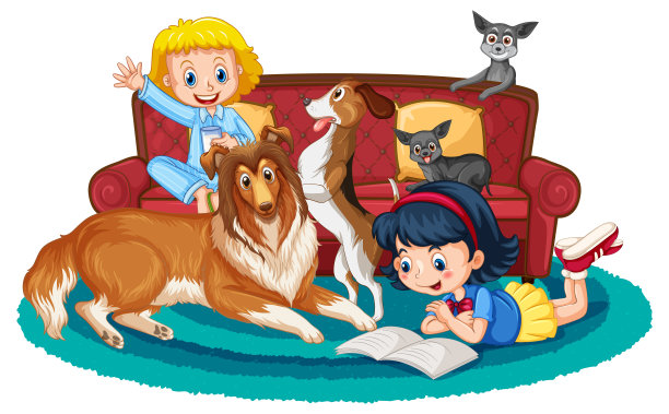 孩子们在和他们的狗玩耍图片下载