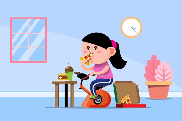 年轻的胖女人骑着模拟自行车锻炼减肥图片下载