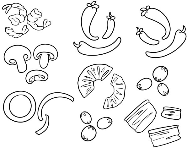 单色漫画风格的各种比萨浇头的集合，各种比萨浇头的图像图片下载