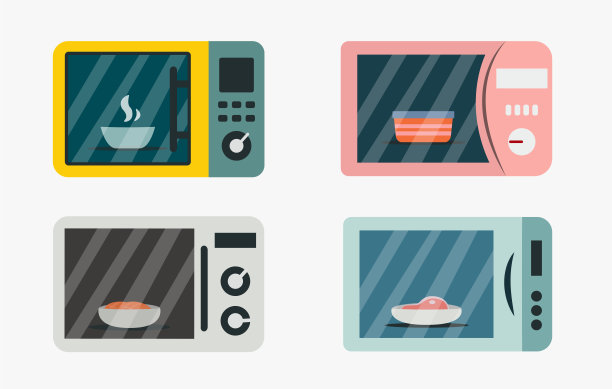 一套卡通风格的彩色微波炉。矢量插图的食物温暖的家里:肉，鱼，汤。图片下载