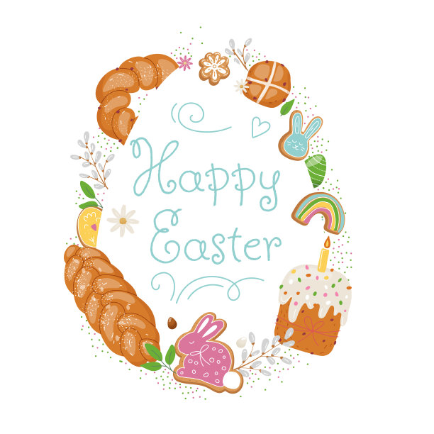 复活节糕点元素围绕鸡蛋形成平面图片下载