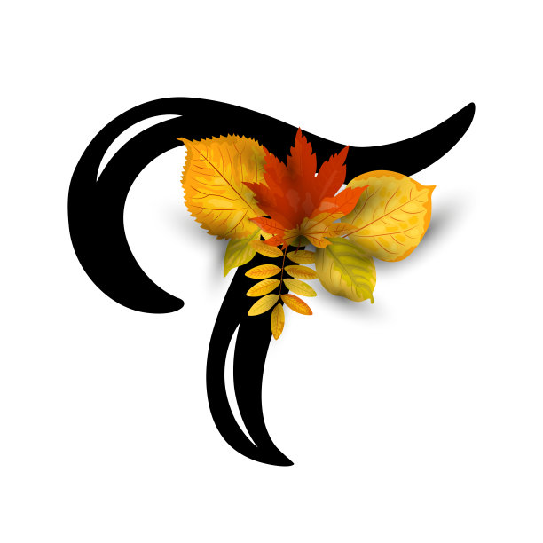 手绘字母T与秋叶孤立在白色背景。矢量插图。图片下载