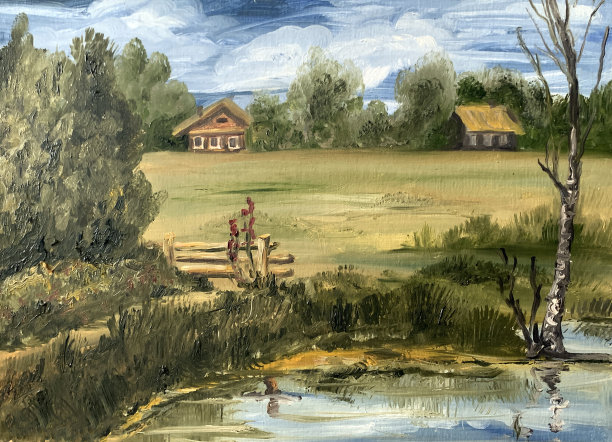 夏村景观有洋房和池塘，油画。图片下载