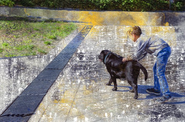 男孩牵着一只拉布拉多犬散步。一个孩子抚摸着一只大黑狗。数字水彩画。当代艺术。图片下载