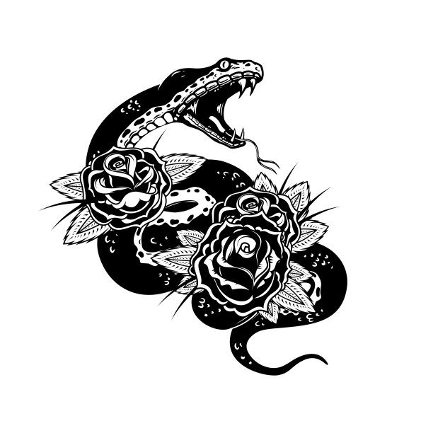 蛇的背景与玫瑰。设计元素为海报，t恤，卡片，横幅。矢量图图片下载