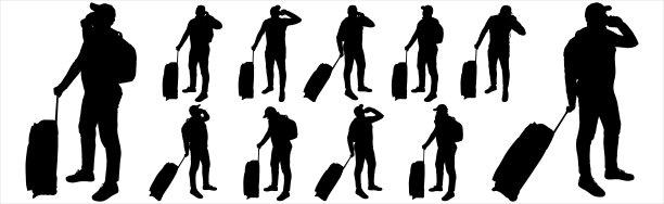 一个背着背包，提着行李箱的游客正在讲电话。一个戴着帽子，穿着运动服的大个子。侧视图,概要文件。十一个黑人男性的剪影被孤立在白色上图片下载
