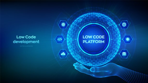 低平台代码。低代码开发技术概念。LCDP简单的编码。六边形网格球在线框手在蓝色背景。矢量插图。图片下载