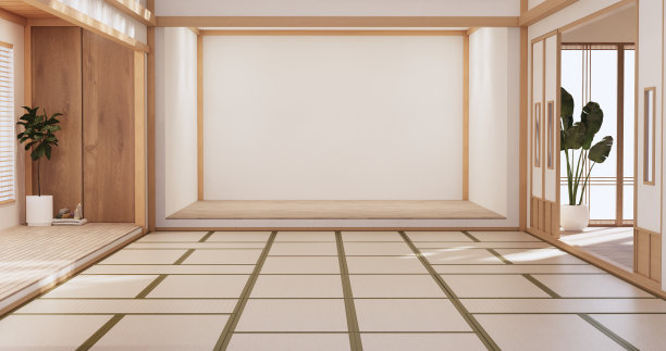 瑜伽室内设计，干净极简的日式房间。三维渲染图片下载