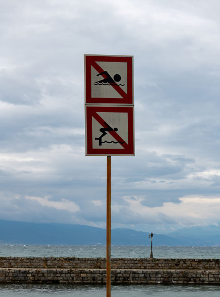 湖边有禁止游泳的标志图片下载