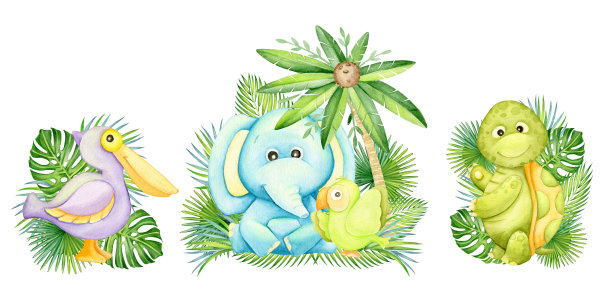 大象，鹦鹉，棕榈树，热带树叶。水彩音乐会，卡通风格，在一个孤立的背景。图片下载