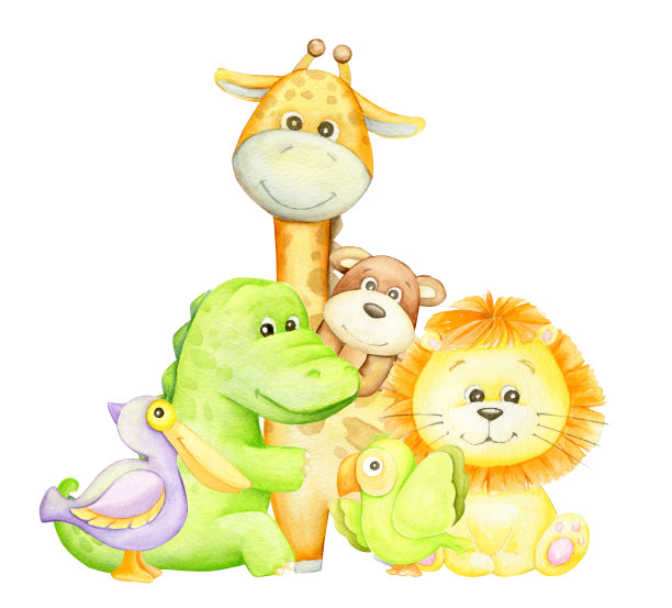 狮子，长颈鹿，猴子，鹦鹉，鹈鹕，鳄鱼，水彩画，热带，动物，卡通风格，在一个孤立的背景。图片下载
