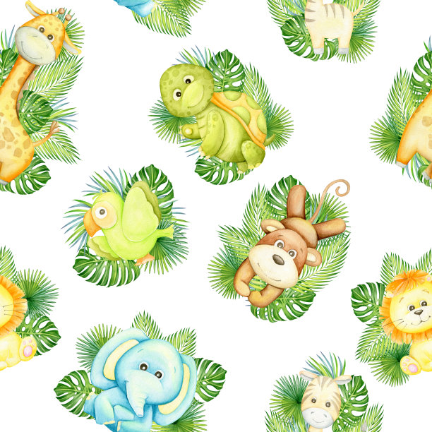 大象，乌龟，狮子，豹，猴子，斑马，鹦鹉，鹈鹕。与世隔绝的热带动物。水彩无缝模式。图片下载