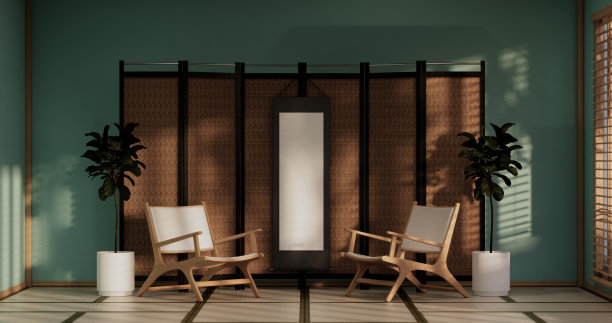 浅蓝色的客厅装饰了灯具和植物树木。3d渲染图片下载