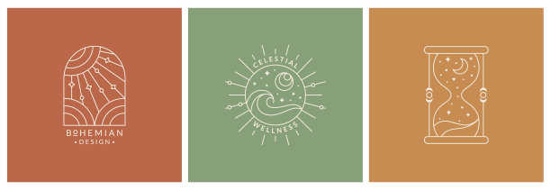 波西米亚标志线条设计元素与太阳和月亮图片下载