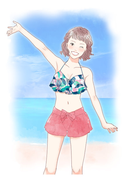 一个穿着泳装的女人在海滩上的插图。图片下载