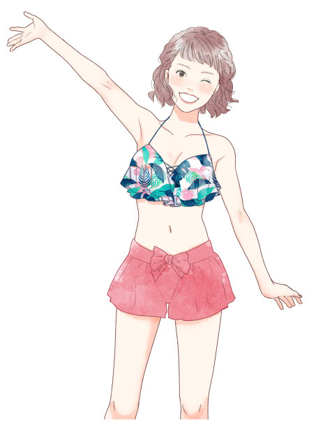 一个穿着泳装的女人的插图，一个微笑。图片下载