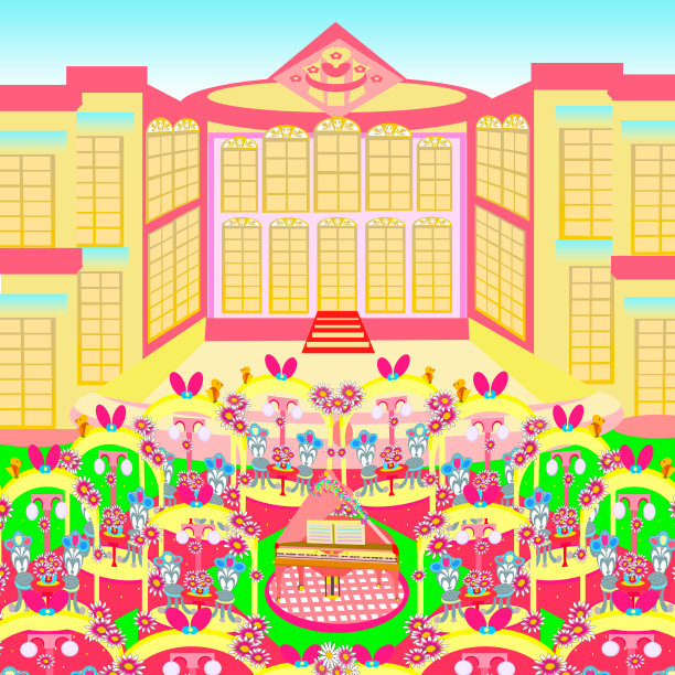 明亮多彩的粉色建筑和开放的户外花园休息室插图2022图片下载