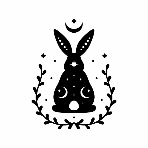 坐背兔天象剪影。具有自然元素的魔法兔子。黑色魔法兔兔图片下载