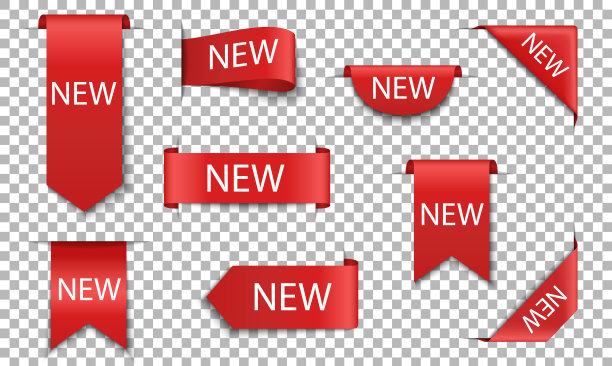 新红丝带。销售标签。标签的价格，折扣和报价。现代3d设计的产品推广横幅。特别提供图标的收集。独立的角落标志。向量图片下载