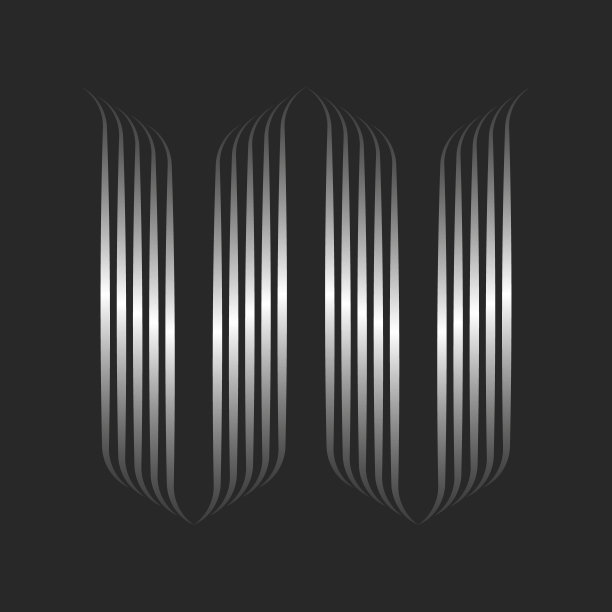 字母W的标志是书法字母或两个字母V的首字母V，带有卷曲的哥特式风格，3d效果的银色波浪形状，平滑细平行线的金属梯度带。图片下载