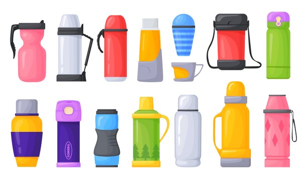 卡通热水瓶。旅行热容器，铬热瓶保存温茶咖啡水喝的瓶子，带钢柄杯，远足生态杯，整洁的矢量插图图片下载