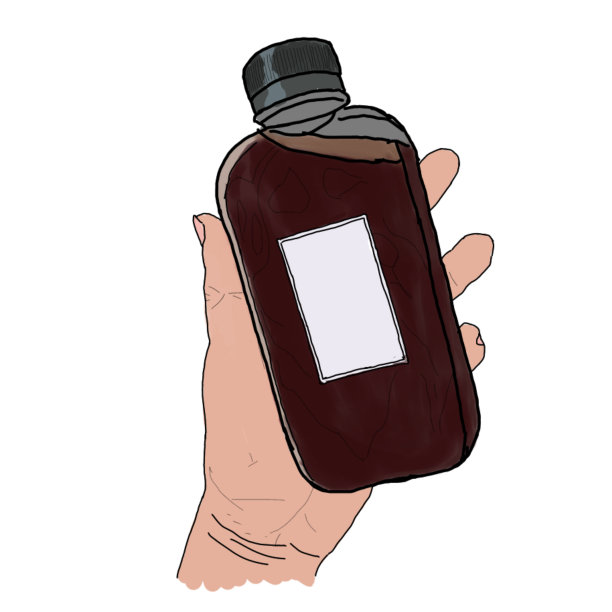 把巧克力瓶子拿在手里。有盖的巧克力水瓶贴一个白色的方形标签。白色背景矢量插图图片下载