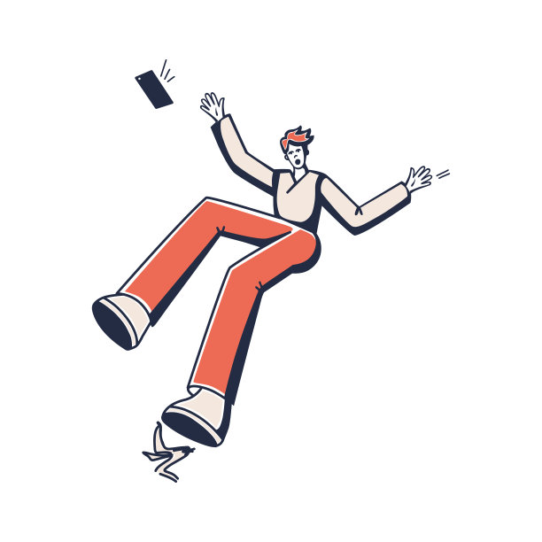 女人踩到香蕉皮滑倒了。电话掉了，摔了。图片下载