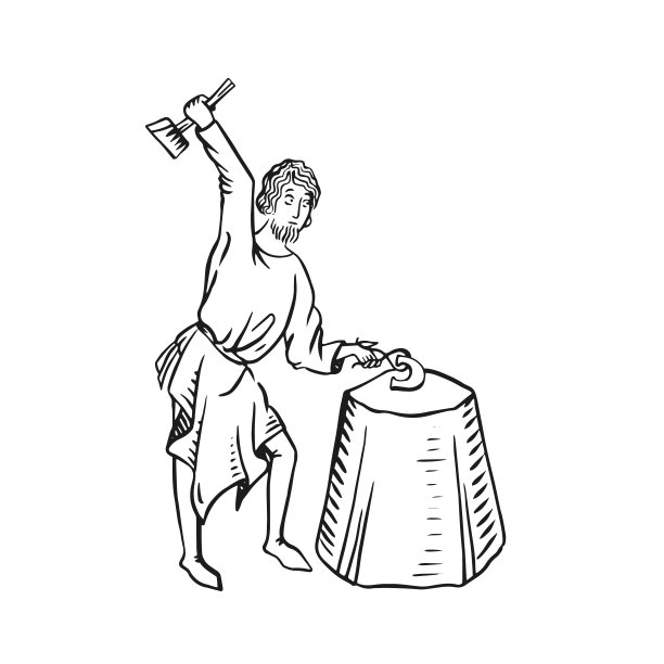 中世纪的铁匠在铁砧上用钳子夹住铁锤和马蹄铁的艺术图片下载