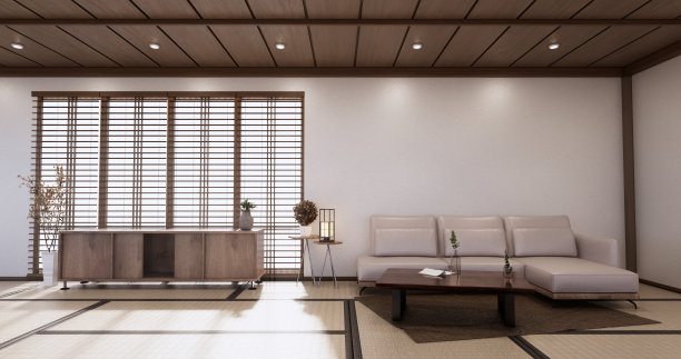 沙发房间内部热带榻榻米地板和白色墙壁。三维渲染图片下载