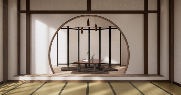 瑜伽室内设计，干净极简的日式房间。三维渲染图片下载