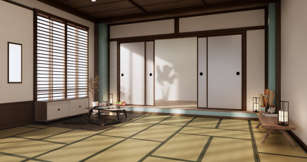 浅蓝色的客厅装饰了灯具和植物树木。3d渲染图片下载