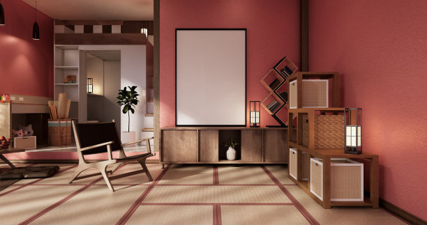 红墙设计室配有装饰、台灯、植物、地毯、扶手椅。三维渲染图片下载