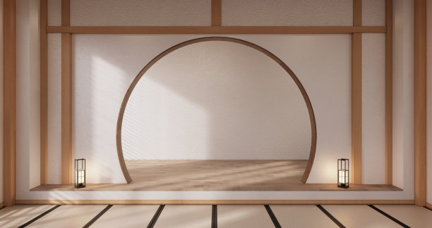 瑜伽室内设计，干净极简的日式房间。三维渲染图片下载