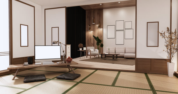 客厅内部榻榻米垫上地板，电脑放在矮桌上和枕头上。三维渲染图片下载
