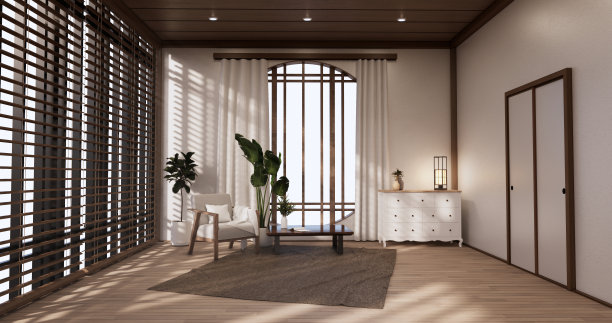 沙发房间内部热带榻榻米地板和白色墙壁。三维渲染图片下载