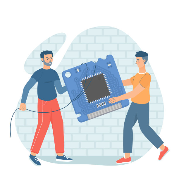 男人为争夺微电路而拉车。全球微处理器短缺，需求高。微处理器和计算机芯片供应问题。矢量插图，平面风格。图片下载